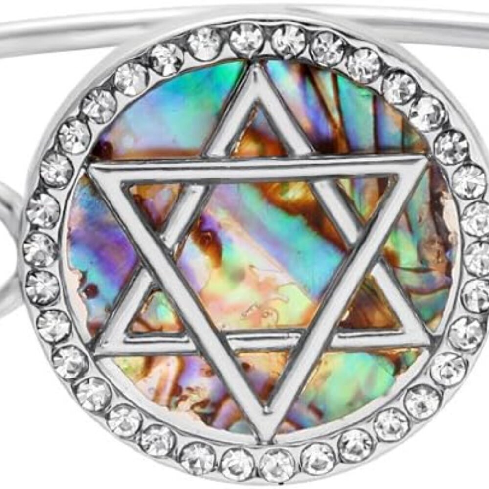 Jewish Charm Star of David Abalone Shell Wire Openable Crystal Bangle Bracelet
